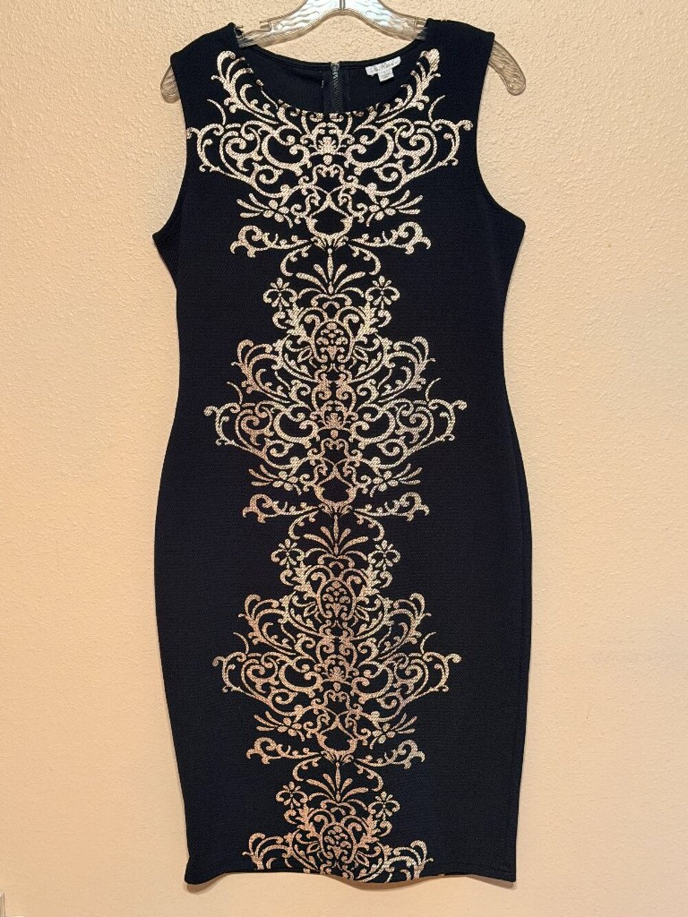 OLIVIA MATTHEWS Black Dress with Gold Foil Decor Full Stretch Women's Size L